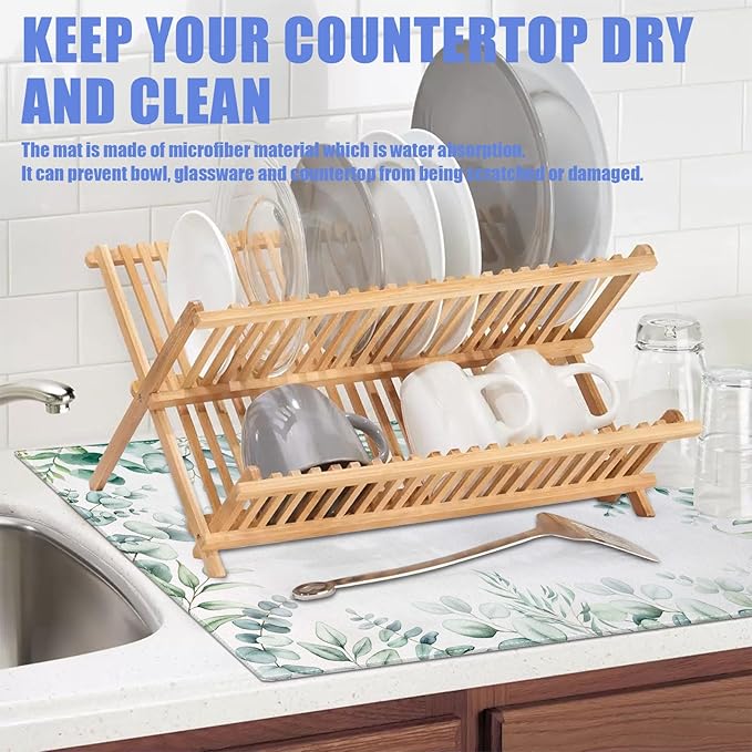 Sage Eucalyptus Dish Drying Mat for Kitchen Counter Spring Summer Drying Pad Absorbent Reversible Dish Drainer Rack Mats Draining Pad 18"x24"Inch