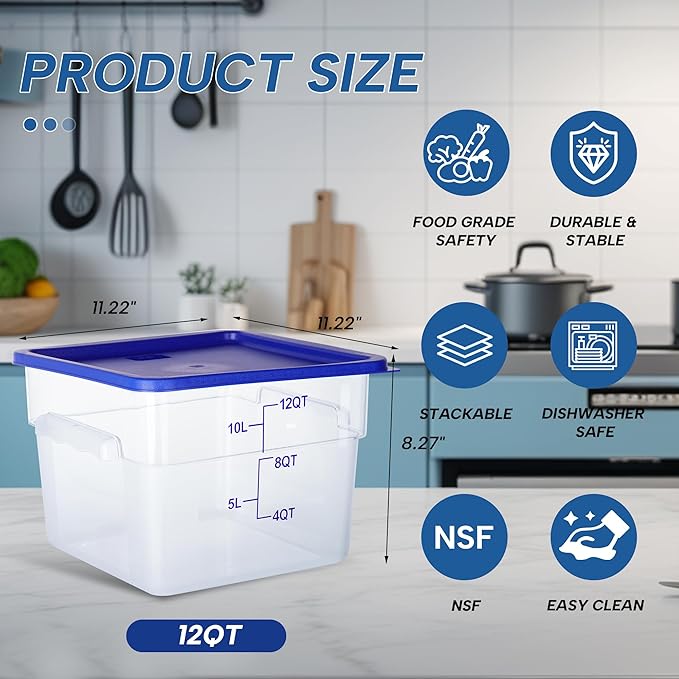 4 Pack 12 Quart Food Storage Containers with Lids, Polycarbonate Square Commercial Food Containers, NSF, Clear, New Version