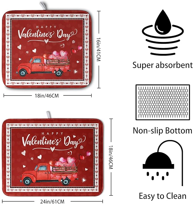 Valentine Red Truck Love Heart Dish Drying Mat 16x18 Inch Happy Valentine's Day Drying Mat for Kitchen Counter Microfiber Dish Drainer Mats Absorbent Dish Rack Pad for Home Coffee Bar Sinks
