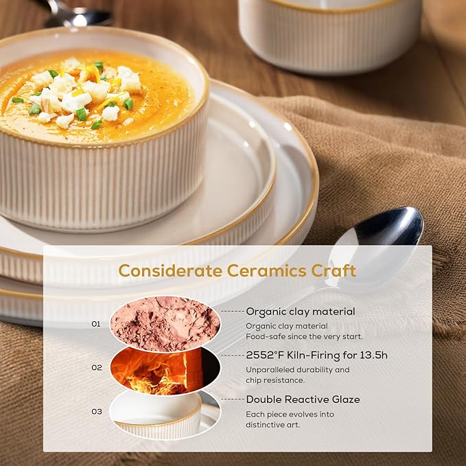 Romswi Ceramic 18Pcs Dinnerware Sets,Stoneware Plates and Bowls Set for 6, Chip & Scratch Resistant Ribbed Dish Set, Handmade Reactive Glaze, Oven, Microwave & Dishwasher Safe, Cappuccino White