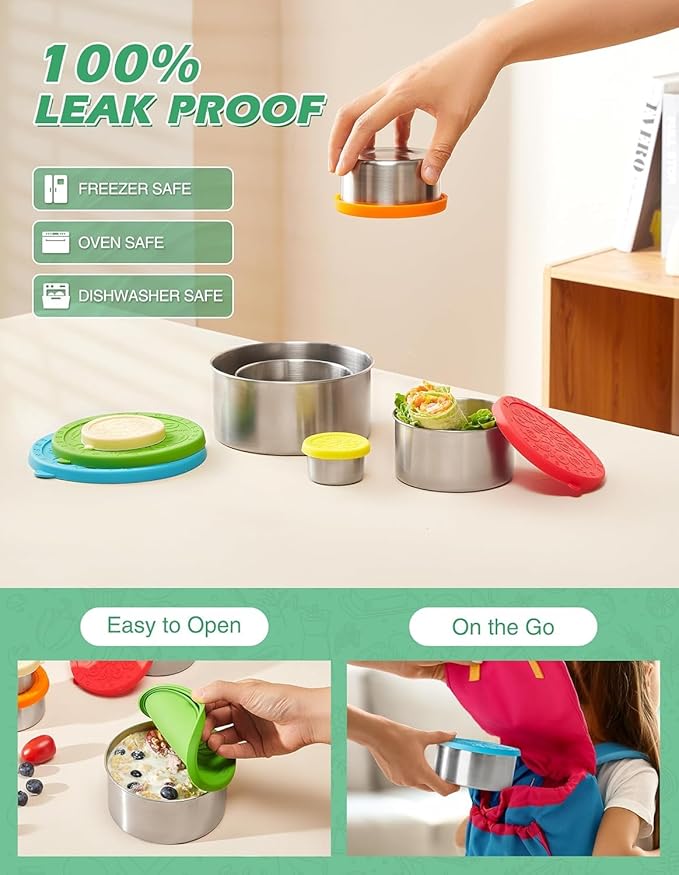 Stainless Steel Food Container, Set of 6, Nesting Bowls with Colorful Lids, stackable leakproof Metal Lunch Box Set for Kids, Daycare, School, Travel. Sauce Salad dressing Container to go (Serenity)