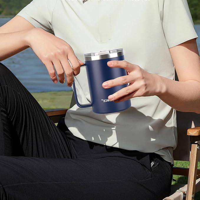 14 oz Stainless Steel Vacuum Insulated Tumbler with handle & MacSlider Lid, Dishwasher Safe & Spill Proof Coffee Cup, Travel Mug for Hot/Cold Drinks, Durable Design - Gray