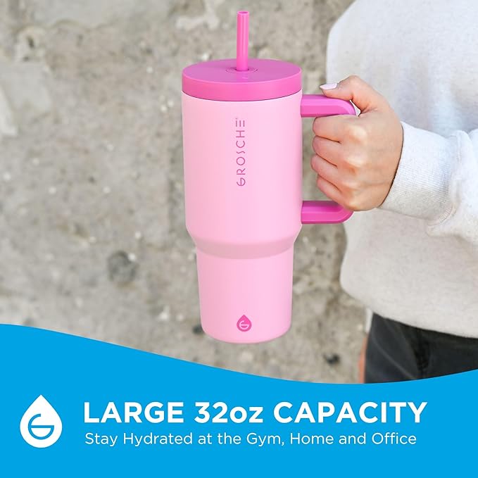 GROSCHE ASPEN 32 oz Tumbler with Handle and Straw. Extreme Insulation, Classy Design, Built to Last Insulated Stainless Steel Tumbler with Handle, Lid and Straw - Hot Pink