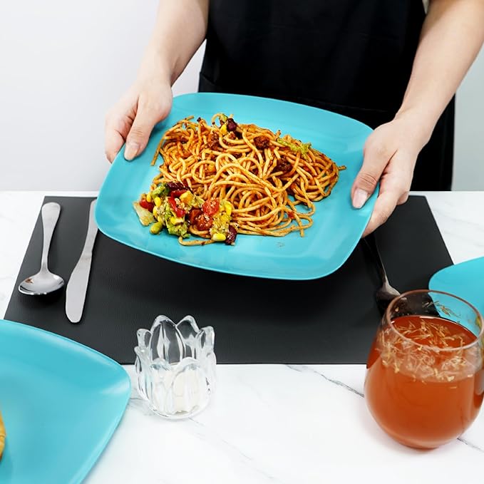 TP 10.5" Melamine Square Dinner Plates, 6-piece Plate Set Unbreakable Serving Dishes for Indoors and Outdoors, Unbreakable Dinner Service for 6, Teal