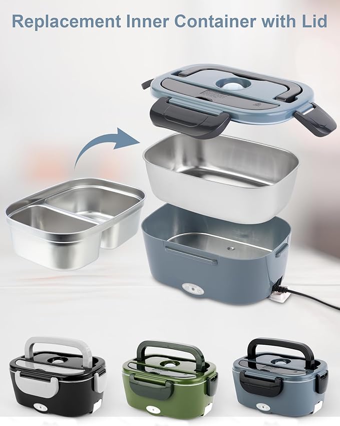 1.5L Lunch Box Inner Container with Lid, Dual Compartment Stainless Steel Food Container, Removable Replacement Tray, Dishwasher Safe