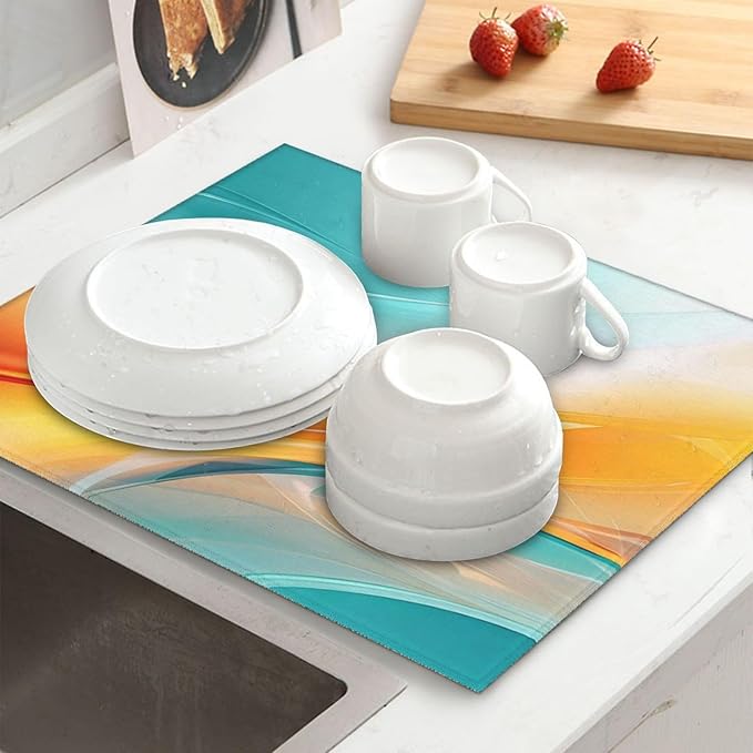 Teal Orange Geometric Wave Dish Drying Mat for Kitchen Counter, Absorbent Microfiber Drying Pad for Kitchen Dishes, 16" x 18" Polyester, Washable, Reusable, Foldable, for Dining Area, Small Appliances