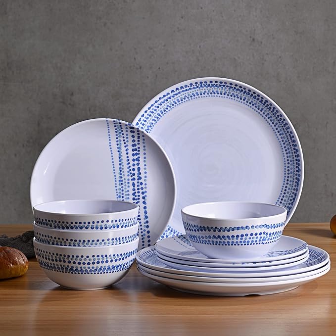 Melamine Dinnerware Sets, 12Pcs Plates and Bowls Sets Dinnerware Sets for 4, Unbreakable Dish Set for Indoor and Outdoor Use, Dishwasher Safe Raindrops Design
