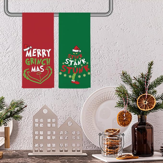 Christmas Kitchen Towels Set of 2,Funny Christmas Decor, Green Mas Red Santa Snowflake Hand Drying Baking Cooking Cloth, Winter Holiday Xmas Decor Home Decorations 14 x 23 Inches