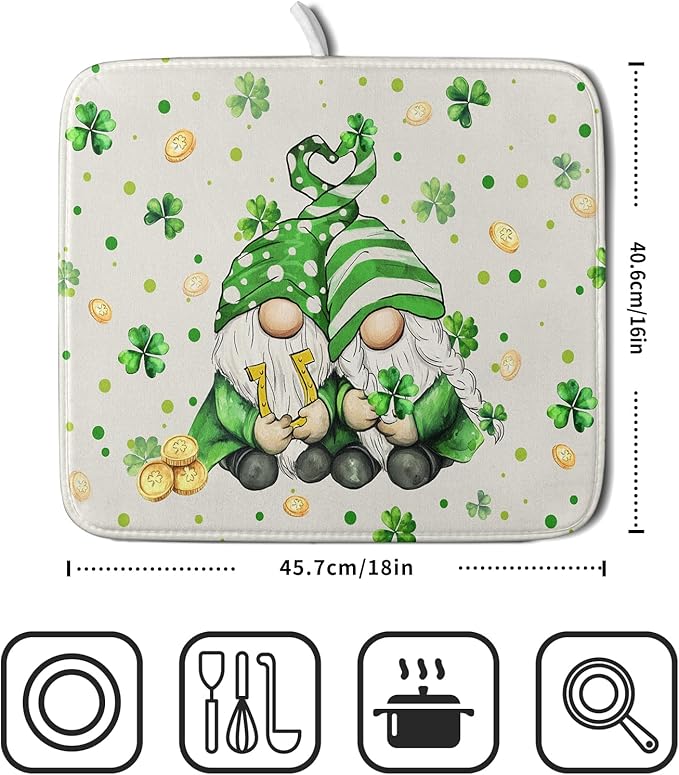 St Patrick's Day Gnome Dish Drying Mat 16x18 inch Lucky Shamrock Absorbent Reversible Dishes Drainer Rack Mat for Coffee Bar Kitchen Decor
