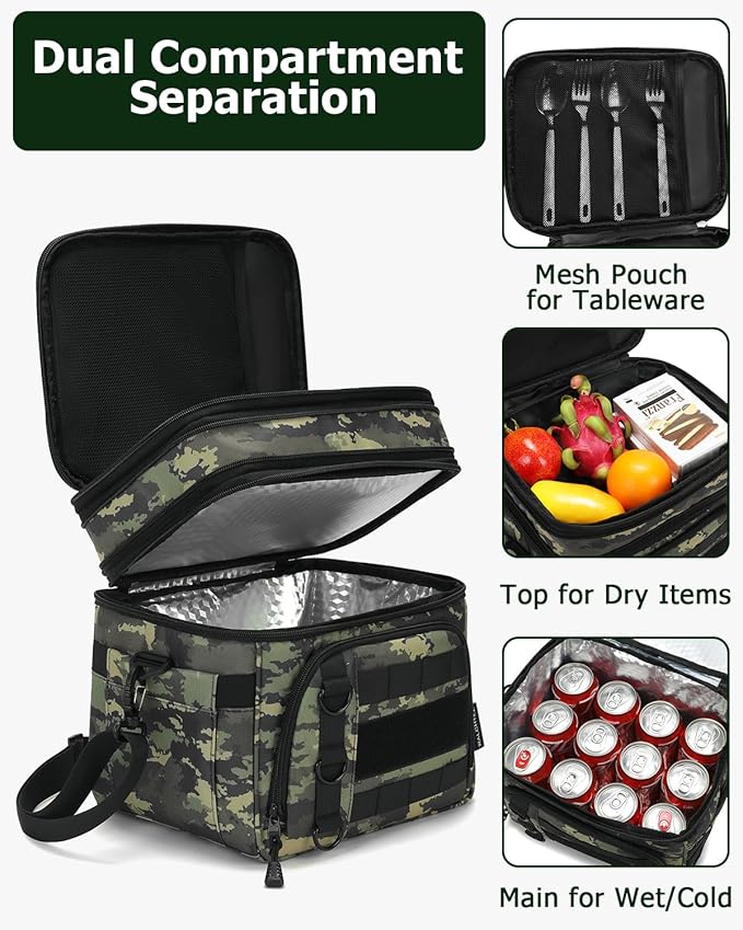RalChyez Tactical Lunch Box for Men, Large Insulated Lunch Bag Expandable Double Deck Cooler Leakproof Waterproof Lunch Pail for Adult Women Work Office Shifts Picnic Travel Ocp Camo