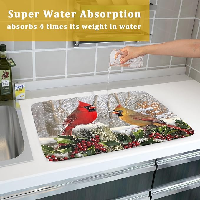 Winter Birds Dish Drying Mat Red Berry Dish Drainer Rack Mat Microfiber Absorbent Dish Drying Pad for Kitchen Counter Coffee Bar 18x24 Inch