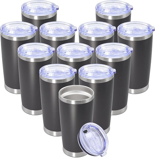 20 oz Tumbler with lid Double Wall Vacuum Insulated Tumblers Stainless Steel Coffee Mug Travel Coffee Tumbler Powder Coated Tumbler Cup Keep Hot&Cold - (Grey 12 Pack)