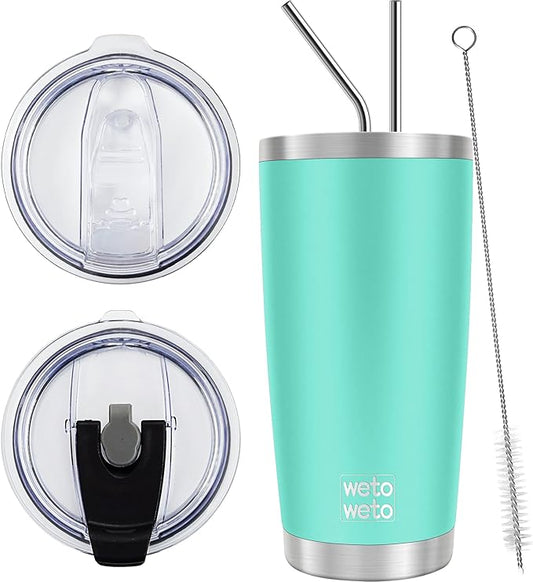 WETOWETO 20oz Tumbler with 2 lids and 2 straws, Stainless Steel Vacuum Insulated Coffee Tumbler Cup, Double Wall Powder Coated Travel Mug (Cyan, 1 Pack)