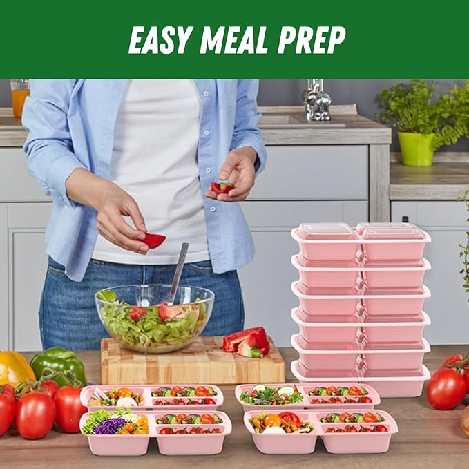 50 Pack (100-Piece) 32 oz Meal Prep Containers Reusable with Lids 3-Compartment, To Go Take Out Plastic Food Storage Containers, Sturdy Leakproof Food Safe, Microwave Freezer Dishwasher Safe, Pink