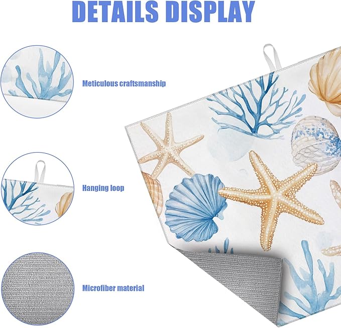 Beach Seashell Starfish Dish Drying Mat for Kitchen Counter Nautical Coastal Drying Pad Absorbent Reversible Dish Drainer Rack Mats Draining Pad