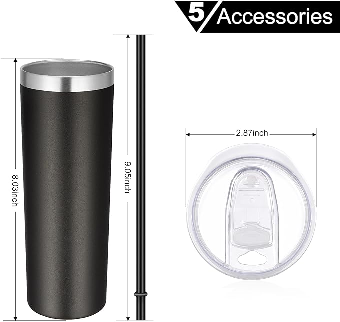 VEGOND Stainless Steel Skinny Tumblers Bulk 12 Pack, 20 oz Vacuum Insulated Tumblers with Lids and Straws, Double Wall Coffee Mug, Travel Water Cup, Matte Black