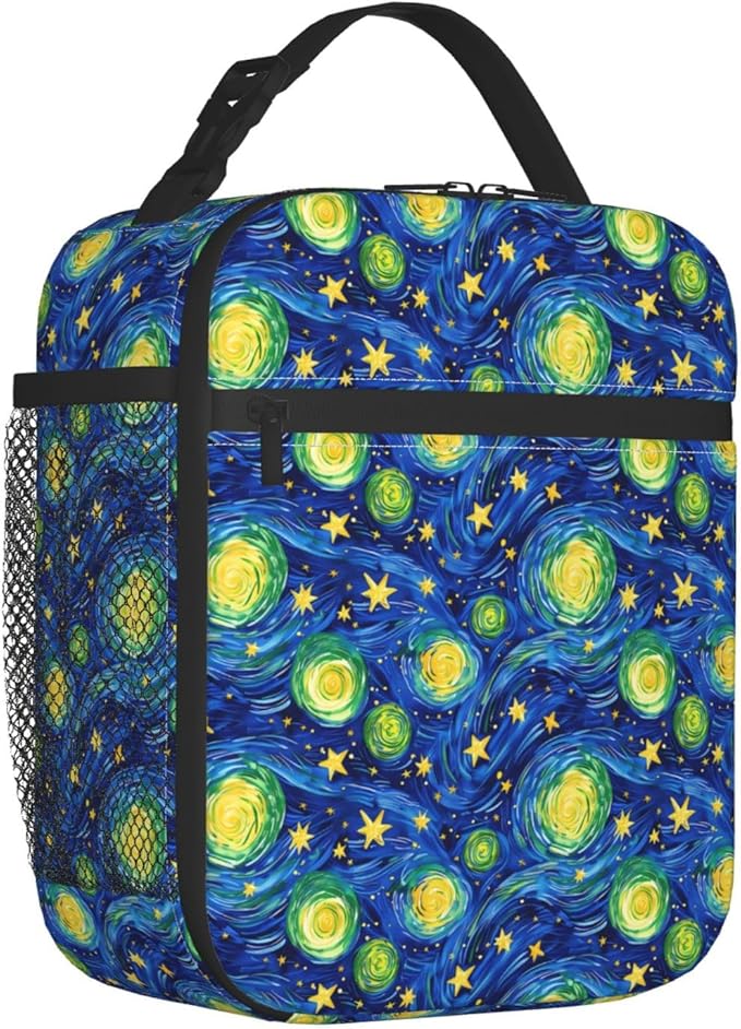 Reusable Starry Night Lunch Box for Kids Girls Boys Women Adult, Insulated Cute Space Lunch Bag,Polyester Cooler Handbags Case for School Picnic Work Travel Beach or Hiking (Vibrant Blue)