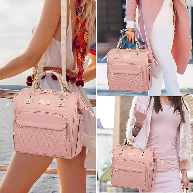 AIJIEKE Lunch Bag for Women, Large Lunch Box for Work Insulated Lunch Bag, Adult Leak Proof Lunch Tote Cooler Bag with Side Pockets & Adjustable Strap, Lunch Purse for Picnic Beach Hiking, Pink