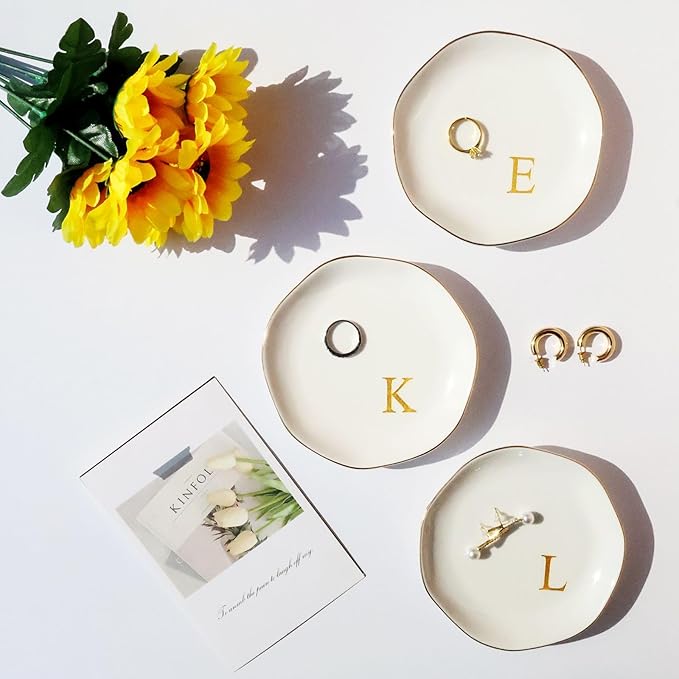 Ceramic Jewelry Tray Initial Ring Dish Personalized K-Monogrammed Engagement Wedding Gifts, for Birthday Mother's Day Christmas for Women, Ceramic White 4.75" (K)