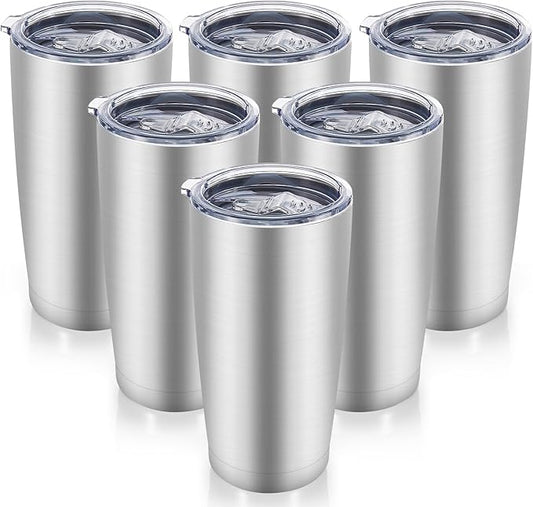 20 oz Tumblers Bulk Stainless Steel Tumbler with Lid Double Wall Vacuum Insulated Coffee Mug 20oz Powder Coated Cup for Hot and Cold Drinks, Stainless, 6 pack