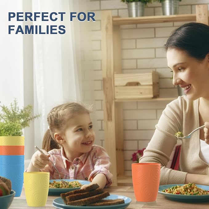 Wrova unbreakable wheat straw cups 12oz set of 6 with textured pattern anti slipping,alternative plastic drinkings cups suitable for hot and cold beverage,Yellow-Orange-Blue