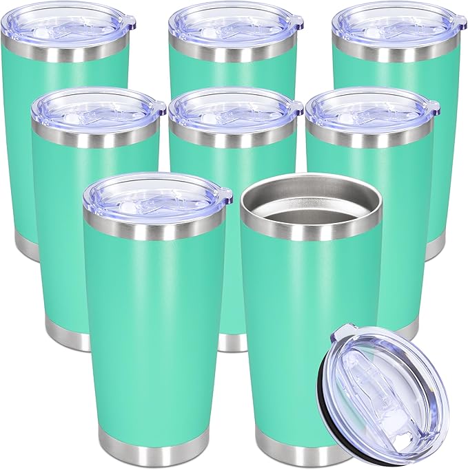 20oz Tumbler Bulk Stainless Steel Tumbler Cup with Lid Vacuum Insulated Double Wall Travel Mug, Durable Powder Coated Travel Coffee Tumbler Mug for Hot & Cold Drinks, Light Blue,8 Pack