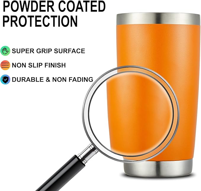 COMOOO 20oz Tumbler Bulk Double Wall Vacuum Insulated Travel Mug, Stainless Steel Tumbler with Lid and Straw Durable Powder Coated Insulated Coffee Cup for Cold & Hot Drinks (Orange, 4 pack