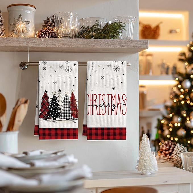 Artoid Mode Red Buffalo Plaid Xmas Tree Christmas Bar Kitchen Towels, 12x24 Inch Quick Dry Microfiber Cloth Dish Towels for Kitchen Drying Set of 2