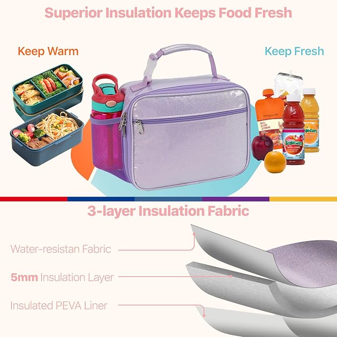 Bagseri Kids Lunch Bag Girls - Kids Lunch Box Insulated Leak-Proof and Reusable Lunch Bag for Girls with Water Bottle Holder Toddler Lunchbox for Daycare and School, Glitter Purple