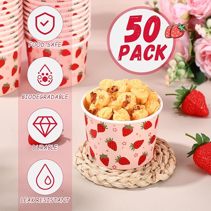 50 Pack Strawberry Ice Cream Cups 9 oz Red Strawberry Disposable Dessert Bowls Paper Soup Bowls Summer Fruit Party Supplies for Hot or Cold Food Sweet One First Birthday Baby Shower Party