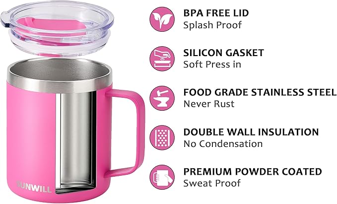 SUNWILL Travel Coffee Mugs Set of 4, Insulated Tumbler with Lid, 14oz Stainless Steel Cup with Handle Bulk for Gift, Camping, Office, Powder Coated Charcoal, Royal Blue, Magenta, Yellow