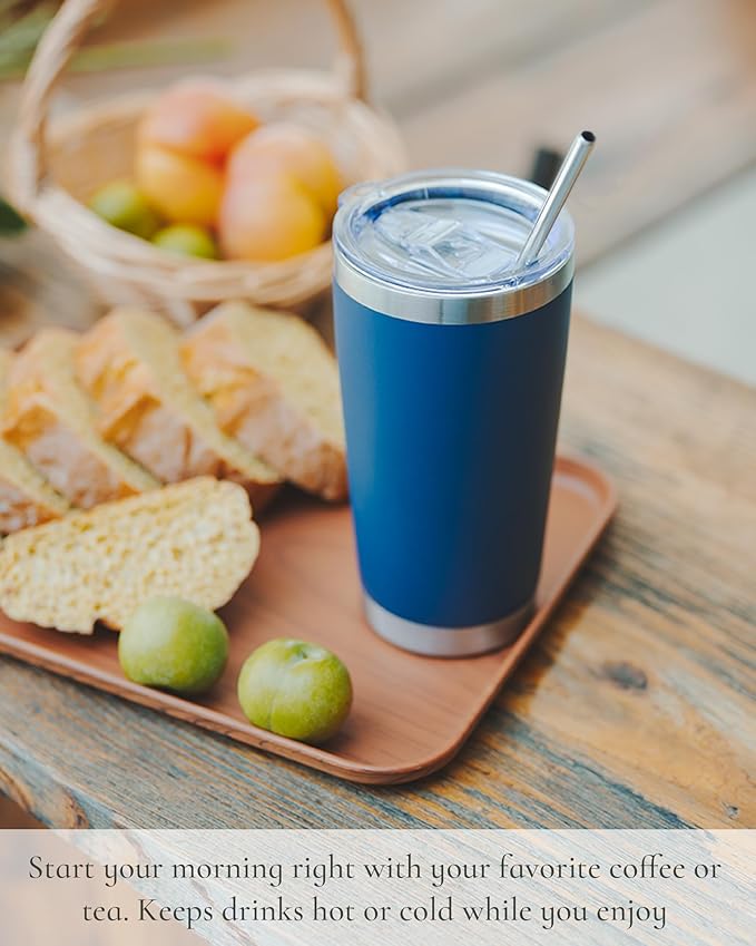 Travel Coffee Tumbler 20oz, 8 Pack Leakproof Travel Coffee Mug with Lid and Straw, Stainless Steel Double Wall Vacuum Insulated Tumbler for Hot/Iced Drinks (Textured Matte, Navy Blue)