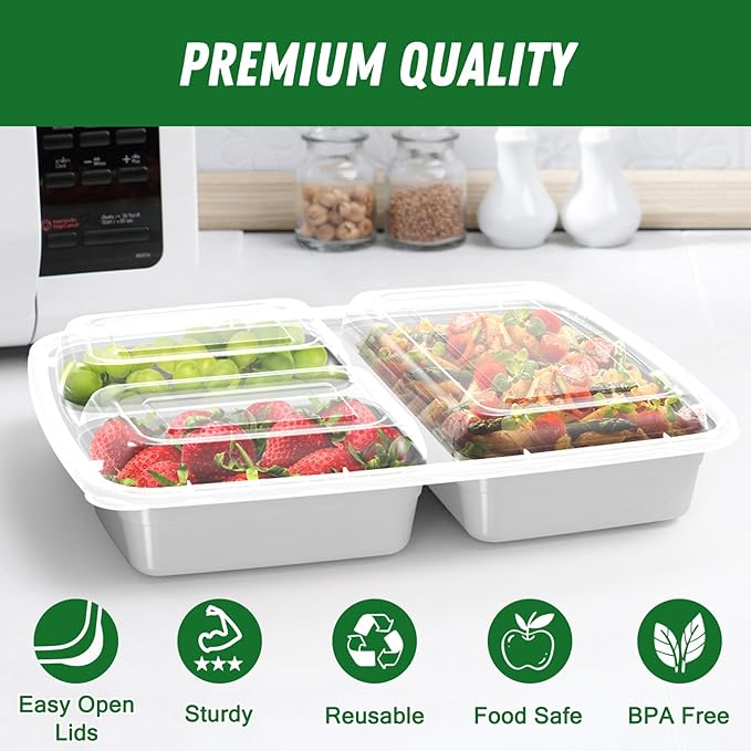 50 Pack (100-Piece) 32 oz Meal Prep Containers Reusable with Lids 3-Compartment, To Go Take Out Plastic Food Storage Containers, Sturdy Leakproof Food Safe, Microwave Freezer Dishwasher Safe, Silver