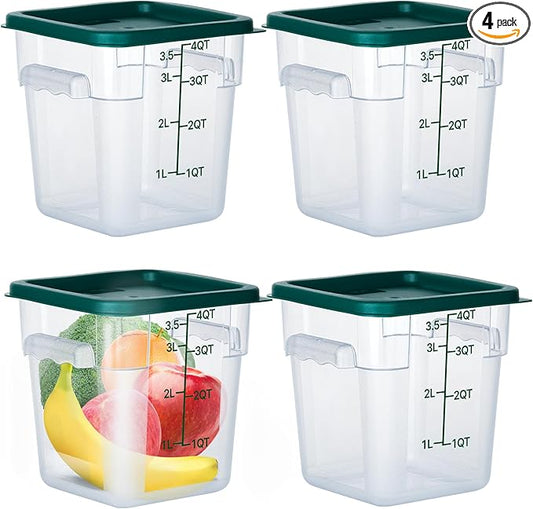 4 Pack Clear Food Storage Containers with Lids and Handles Polycarbonate Square Commercial Food Containers, NSF (4Qt)