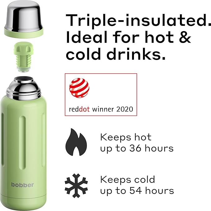 BOBBER 26 oz Thermal Bottle for Hot and Cold Drinks – Stainless Steel Insulated Water Bottle with Screw Top, Keeps Hot for 36 Hours – BPA-Free, Dishwasher Safe Thermo Flask (Green)