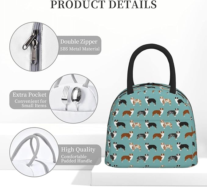 Aeoiba Australian Shepherds Dogs Insulated Lunch Box Tote Bag Handbag lunchbox Food Container Gourmet Tote Cooler warm Pouch For School work Office