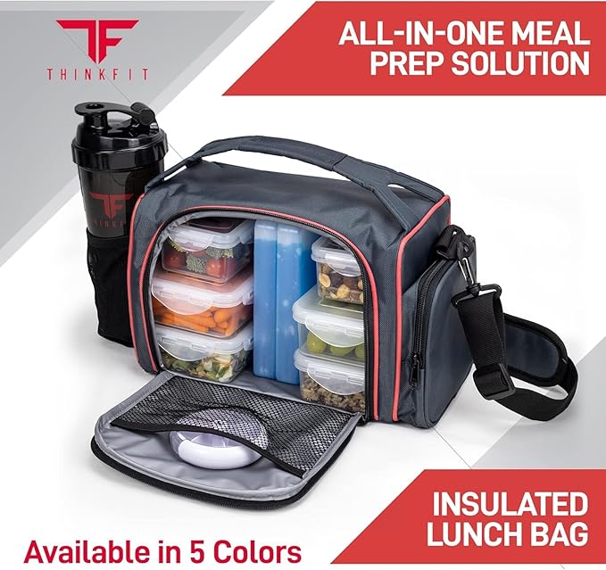 ThinkFit Red Reusable Lunch Bag with 6 Portion Control Containers, 2 XL Ice Packs, Pill Box, and Shoulder Strap - Microwavable and Freezer Safe