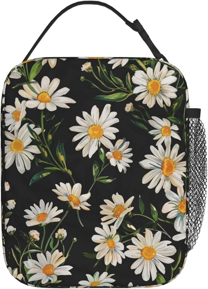 Reusable Daisy Lunch Box for Kids Girls Boys Women Adult, Insulated Floral Lunch Bag,Polyester Cooler Flower Handbags Case for School Picnic Work Travel Beach or Hiking (Black)