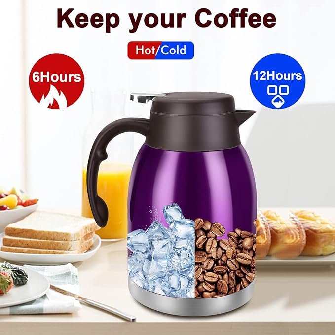 54oz Stainless Steel Thermal Coffee Carafe Dispenser, Unbreakable Double Wall Vacuum Flask 1.6L Water Tea Pot Beverage Pitcher for Hot Coffee for Christmas Carafe (Purple)