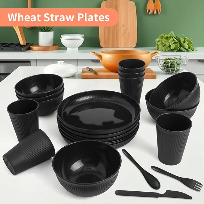 36 pcs Wheat Straw Dinnerware Sets, Unbreakable Reusable Dinnerware Set Kitchen Cups Plates and Bowls Sets, Dishwasher Microwave Safe Plates,Outdoor Camping Dishes (Black)