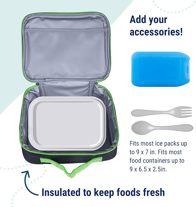 Wildkin Kids Insulated Lunch Box – Durable and Reusable for School & Travel - Rip-Stop Black/Green