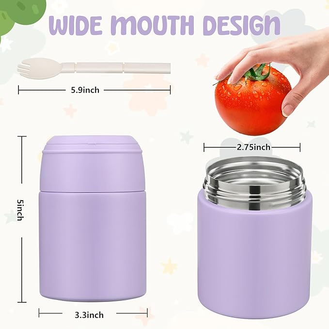 10oz Soup Thermo for Hot Food Kids Insulated Food Jar with Spoon Wide Mouth Stainless Steel Lunch Container Leak Proof Vacuum Food Box for School Travel Picnic Purple