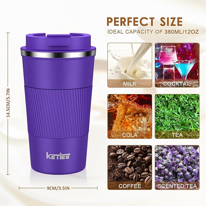 KETIEE 12oz Coffee Mug: Vacuum Insulated Coffee Cup with Leakproof Lid, Travel Coffee Mug Stainless Steel Double Walled Reusable Coffee Cup for Hot and Cold Water Coffee (Purple)