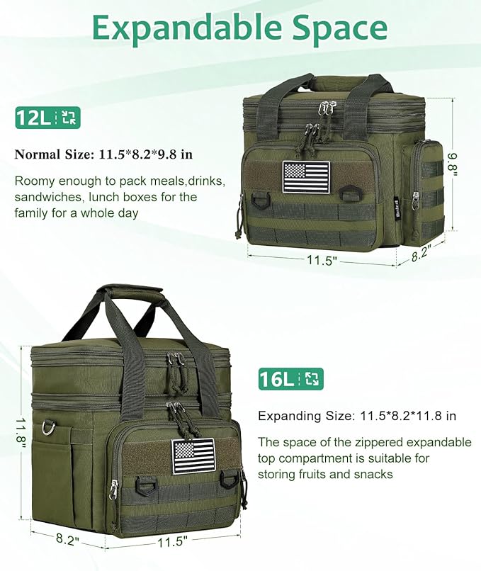 Tactical Lunch Box for Men, Expandable Large Insulated Lunch Bag for Adult, Heavy Duty Double Deck Lunch Cooler Bag with Shoulder Strap, Leakproof Soft Lunch Pail with American Flag - Green