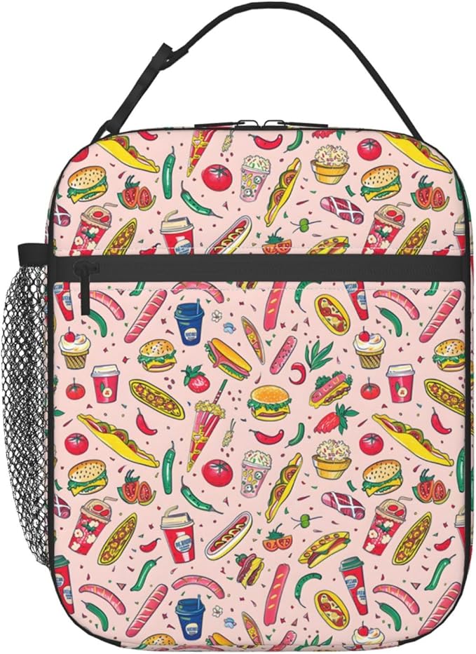 Tasty Fast Food Lunch Box,Insulated Lunchbox,Hot Dog and Colorful Fruit Design Bags,Reusable Cooler Lunchbag for Picnic,Travel,Office,Camping,Ideal Gifts for Women,Men,Kids
