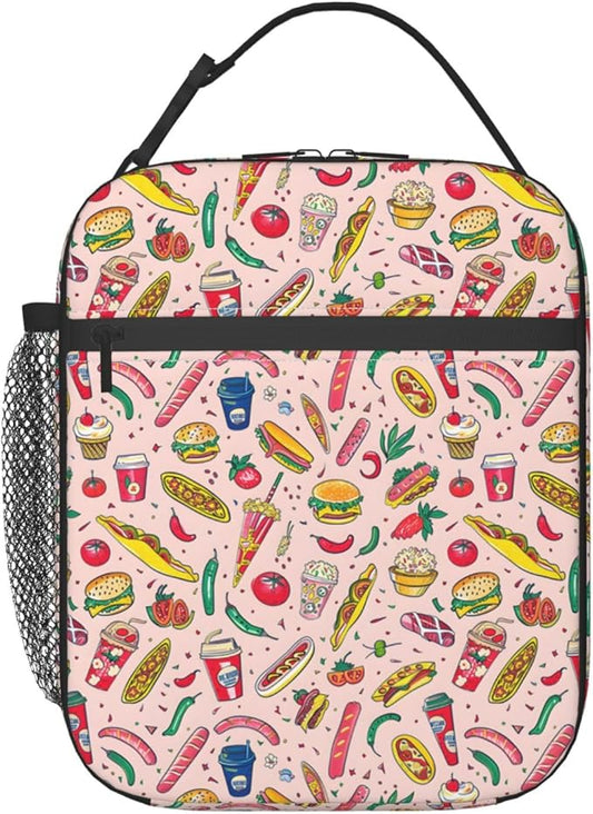 Tasty Fast Food Lunch Box,Insulated Lunchbox,Hot Dog and Colorful Fruit Design Bags,Reusable Cooler Lunchbag for Picnic,Travel,Office,Camping,Ideal Gifts for Women,Men,Kids