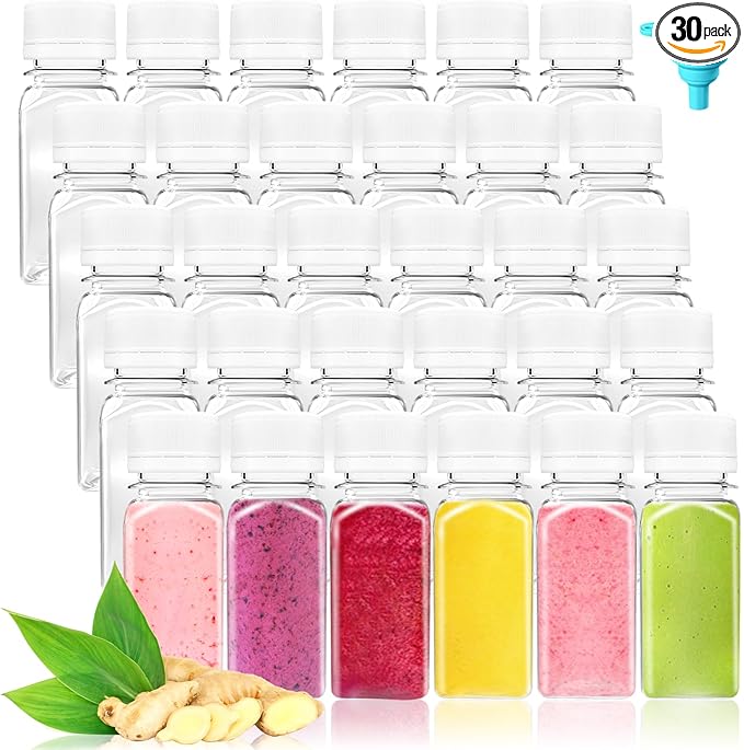 30Pcs 2 Oz Empty Plastic Juice Bottles with Caps,Reusable Clear Bulk Beverage Containers with Tamper Evident Lids ,Transparent Square Bottle for Juice,Drinking,Liquor,DIY,Wedding,Party,Travel(White)