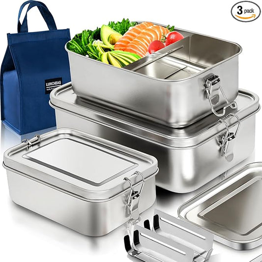Stainless Steel Bento Box 3 Pack 304 Stainless Steel Lunch Box,Leak Proof Metal Lunch Box With Lids(81oz/47oz/29oz) Bento Box Stainless With 3 Compartments