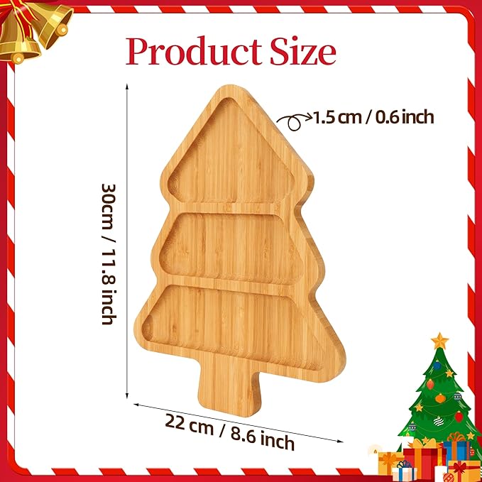 TJ POP Bamboo Christmas Tree Serving Tray, Divided Charcuterie Board with 3 Compartments, Table Decorations for Christmas Party