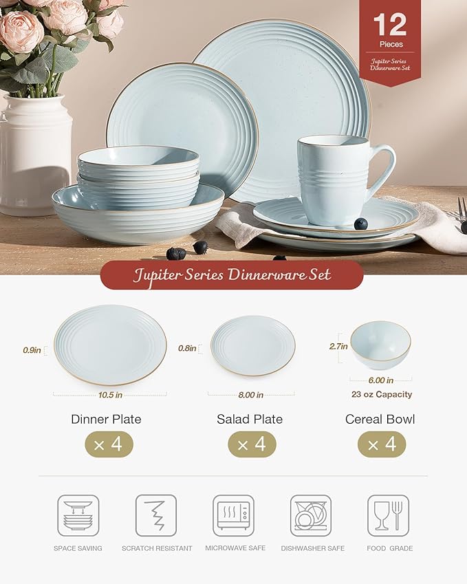 Famiware Jupiter Dinnerware Set, Plates and Bowls Dish Sets for 4 (12 Pieces), Microwave and Dishwasher Safe Stoneware Speckled Tableware, Chip and Scratch Resistant, Light Blue